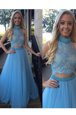 Low Price Sleeveless Organza Floor Length Zipper Prom Gown in Baby Blue for with Beading and Appliques