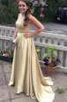 Discount With Train Backless Prom Gown Champagne and In for Prom and Party with Beading Sweep Train