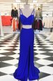 Fashionable Scoop Sleeveless With Train Ruching Zipper Prom Dresses with Royal Blue Sweep Train