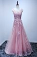 Suitable Scoop Pink Tulle Lace Up Prom Party Dress Sleeveless Floor Length Appliques