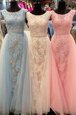 Suitable Light Blue Zipper Scoop Beading and Lace Prom Evening Gown Tulle Sleeveless Sweep Train