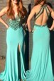 V-neck Sleeveless Sweep Train Backless Prom Gown Turquoise Chiffon