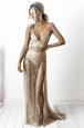 Clearance Champagne Column/Sheath Lace Spaghetti Straps Sleeveless Lace With Train Backless Evening Dress Brush Train