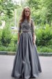Beauteous A-line Prom Party Dress Grey Scoop Satin 3|4 Length Sleeve Floor Length Zipper