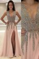 Champagne Sleeveless Brush Train Beading With Train Red Carpet Gowns