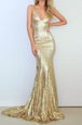 Sequins Mermaid Sleeveless Gold Prom Dresses Sweep Train Criss Cross