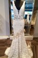 Amazing Mermaid White Sleeveless Lace Sweep Train Zipper Prom Dress for Prom