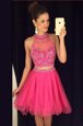 Luxury Scoop Sleeveless Mini Length Beading Hot Pink Tulle