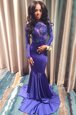 Wonderful Mermaid Purple Backless Celebrity Prom Dress Lace Long Sleeves With Brush Train