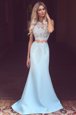 Glittering Sweep Train Mermaid Prom Gown Light Blue Scoop Satin Sleeveless Zipper