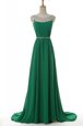 Green Scoop Side Zipper Belt Prom Party Dress Sweep Train Sleeveless