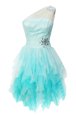 One Shoulder Aqua Blue Sleeveless Tulle Side Zipper Prom Dress for Prom and Party