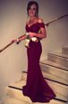 Captivating Burgundy Evening Dress Prom and Party and For with Lace Off The Shoulder Short Sleeves Brush Train Backless