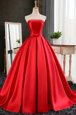 Popular Red Ball Gowns Satin Strapless Sleeveless Pleated Lace Up Homecoming Dress Sweep Train