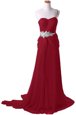 Dazzling Burgundy Prom Evening Gown Prom and For with Beading One Shoulder Sleeveless Watteau Train Zipper