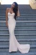 Extravagant Mermaid Backless Dress for Prom White and In for Prom with Ruching Sweep Train
