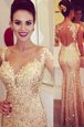 Mermaid Gold Prom Dress Prom and Party and For with Lace and Appliques and Sequins Sweetheart Long Sleeves Backless