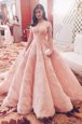 Inexpensive Pink Tulle Zipper Prom Dress Short Sleeves With Train Sweep Train Lace