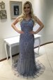 Mermaid Blue V-neck Neckline Beading and Appliques Evening Outfits Sleeveless Backless
