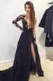 Black Tulle Zipper V-neck Long Sleeves Brush Train Lace and Appliques