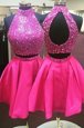 Halter Top Hot Pink Sleeveless Mini Length Beading Zipper Celeb Inspired Gowns