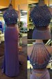 Scoop Purple Two Pieces Beading Prom Dress Zipper Elastic Woven Satin Sleeveless Floor Length
