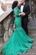 Superior Mermaid With Train Lace Up Mother Of The Bride Dress Green and In for Prom with Beading and Appliques Chapel Train