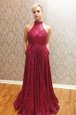 Halter Top Floor Length Zipper Prom Dress Wine Red and In for Prom with Sequins