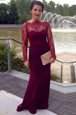 Clearance Scalloped Fuchsia Column/Sheath Lace Prom Gown Clasp Handle Elastic Woven Satin Long Sleeves With Train