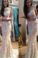 Mermaid Scoop With Train White Prom Dresses Lace Brush Train Sleeveless Beading