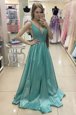 Inexpensive Green Evening Dress Prom and For with Beading V-neck Sleeveless Sweep Train Zipper