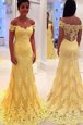 Off the Shoulder Yellow Sleeveless Brush Train Lace With Train Prom Dress