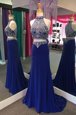 Elastic Woven Satin High-neck Sleeveless Sweep Train Zipper Beading Prom Dress in Royal Blue