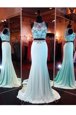 Customized Scoop Baby Blue Two Pieces Beading and Appliques Prom Party Dress Zipper Elastic Woven Satin Sleeveless With Train