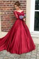 Chic Off the Shoulder Burgundy Zipper Mother Of The Bride Dress Appliques Long Sleeves With Train Sweep Train