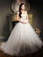 White Tulle Lace Up Wedding Dress Cap Sleeves With Brush Train Beading and Appliques