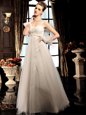 Captivating White Empire Tulle V-neck Sleeveless Beading Floor Length Lace Up Bridal Gown