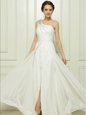 Glittering One Shoulder White Zipper Wedding Gowns Beading Sleeveless Brush Train