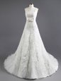 New Style White Lace Up Square Beading and Appliques and Bowknot Wedding Dresses Organza Sleeveless Chapel Train