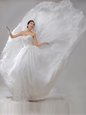 Organza Sweetheart Sleeveless Brush Train Lace Up Beading and Lace and Appliques and Ruching Wedding Dresses in White