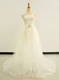 Glorious One Shoulder Sleeveless Wedding Dresses Brush Train Beading and Lace and Hand Made Flower White Tulle