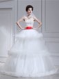 White Sleeveless With Train Beading and Ruffled Layers Lace Up Bridal Gown