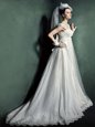 White Tulle Lace Up Wedding Gown Cap Sleeves Court Train Beading and Lace and Appliques
