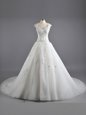 Super White Cap Sleeves Floor Length Lace and Appliques Lace Up Wedding Dresses