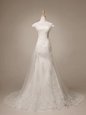 With Train A-line Cap Sleeves White Wedding Dresses Brush Train Clasp Handle
