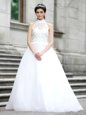 Custom Fit White Zipper High-neck Lace Bridal Gown Tulle Sleeveless