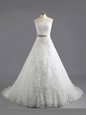 White A-line Beading and Lace Wedding Dress Lace Up Lace Sleeveless With Train