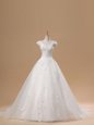 Amazing Short Sleeves Brush Train Lace and Appliques Lace Up Wedding Gown
