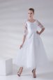 Hot Sale A-line Wedding Dresses White Scoop Tulle and Lace Sleeveless Ankle Length Lace Up