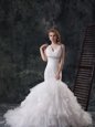 Mermaid Sleeveless Brush Train Lace Up Beading and Ruffles Wedding Gowns